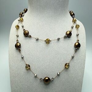 Dark‎ Brown Faux Pearl Crystal Bead Cord Necklace 38" Opera Flapper Hand Knotted